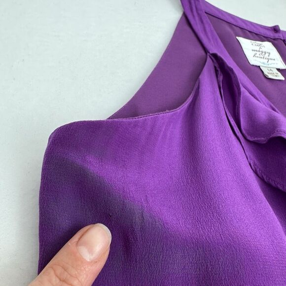 Suzie Chin For Maggy Boutique Women Silk Dress Sz 14 Purple Ruffle Racerback - Picture 9 of 15